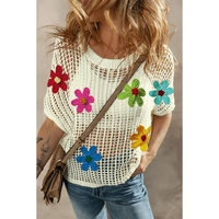 White Crochet Flower Hollow-out Sweater T Shirt - L thumbnail