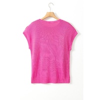 Bright Pink Flower Embroidery Short Sleeve Knitwear Top - L thumbnail