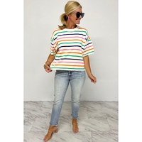 Beige Stripe Dropped Short Sleeve Boxy Fit Knitted Top - L thumbnail