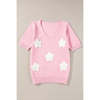 Pink Flower Crochet V Neck Short Sleeve Sweater - S thumbnail