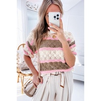 Brown Stripe Color Block Hollow Out Crochet Half Sleeve Sweater - L thumbnail