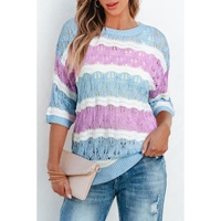 Purple Stripe Color Block Hollow Out Crochet Half Sleeve Sweater - L thumbnail
