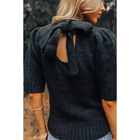 Black Knotted Keyhole Nape Short Sleeve Knit Sweater - S thumbnail