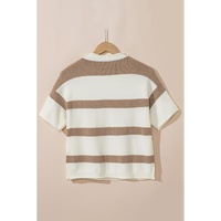 Khaki Stripe Dropped Short Sleeve Lightweight Knitted Top - L thumbnail