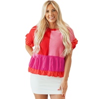 Tomato Red Mix Knitted Patchwork Ruffle Trim Loose Sweater - S thumbnail