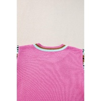 Bright Pink Contrast Printed Cap Sleeves Crewneck Sweater - M thumbnail