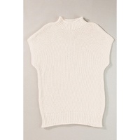 Beige High Neck Bat Short Sleeve Sweater - L thumbnail