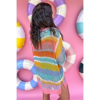 Pink Stripe Colorblock Hollowed Crochet 3/4 Sleeve Sweater - S thumbnail