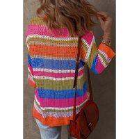 Orange Stripe Colorblock Hollowed Crochet 3/4 Sleeve Sweater - M thumbnail
