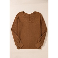 Camel Ribbed Knit Drop Sleeve V Neck Loose Fit Sweater - S thumbnail
