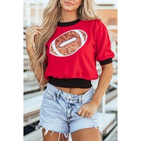 Red Sequin Rugby Color Block Puff Short Sleeve Sweater - S thumbnail