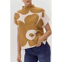 Camel Big Flower Pattern Stand Neck Short Sleeve Sweater - L thumbnail