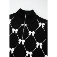 Black Preppy Vibes Bow Print Zipped Collar Sweater Tee - L thumbnail