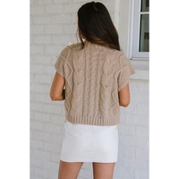Simply Taupe Cable Knit Colorblock Satin Bowknot Short Sleeve Sweater - L thumbnail