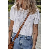 White Pointelle Knit Short Puff Sleeve Crewneck Sweater - M thumbnail