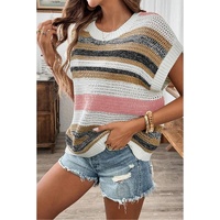 Pink Stripe Color Block Eyelet Knit Short Sleeve Sweater Tee - L thumbnail