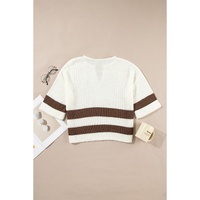 Brown Striped Accent Notched V Neck Cropped Sweater T Shirt - S thumbnail