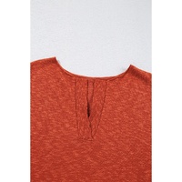 Orange Solid Color Split V Neck Short Sleeve Sweater - M thumbnail