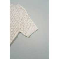 Beige Hollow Out Crochet O Neck Short Sleeve Sweater Tee - L thumbnail