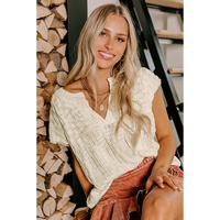 Beige Notched V Neck Short Sleeve Sweater - L thumbnail