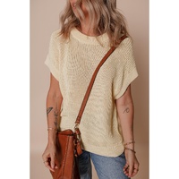 Oatmeal Solid Color Batwing Short Sleeve Round Neck Knit T Shirt - S thumbnail
