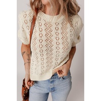 Beige Hollowed Pattern Knit Short Puff Sleeve Sweater - M thumbnail