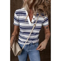 Dark Blue Stripe Collared Button V Neck Knitted T Shirt - S thumbnail