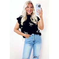Black Bow Print Side Ties Scalloped Hem Sweater T Shirt - L thumbnail
