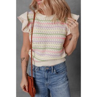 Oatmeal Colorful Striped Eyelet Knit Ruffled Sleeve Sweater T Shirt - L thumbnail