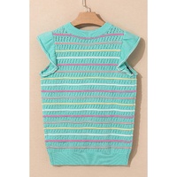 Green Colorful Striped Eyelet Knit Ruffled Sleeve Sweater T Shirt - XL thumbnail