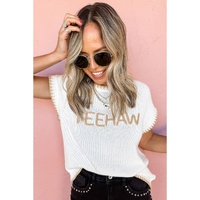 White Knitted YEEHAW Stitch Edge Crew Neck Sweater T Shirt - S thumbnail