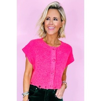 Bright Pink Distressed Hem Short Sleeve Knitted Button Front Sweater - L thumbnail