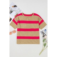 Pink Stripe Colorblock Short Sleeve Crew Neck Lightweight Sweater - XL thumbnail