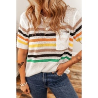 White Striped Pocketed Loose Fit Crewneck Knitted T Shirt - M thumbnail