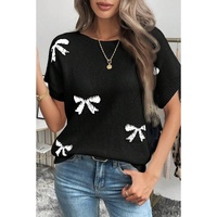 Black Bow Pattern Knit Short Sleeve Sweater - L thumbnail