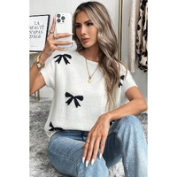 Black Bow Pattern Knit Short Sleeve Sweater - L thumbnail