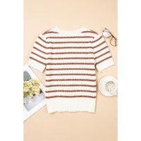 Khaki Stripe Scalloped Round Neck Short Sleeve Sweater - XL thumbnail