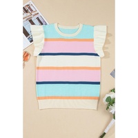 Multicolour Striped Color Block Flutter Sleeve Patchwork Sweater Top - L thumbnail