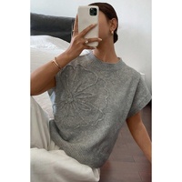 High Flower Pattern Ribbed Trim Short Sleeve Boxy Sweater - XL thumbnail