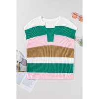 Multicolour Color Block Notch V Neck Sweater T Shirt - S thumbnail