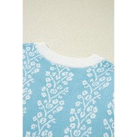 Sky Blue Contrast Floral Crewneck Short Sleeve Sweater - L thumbnail