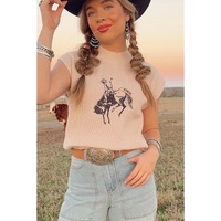 Oatmeal HOWDY Rodeo Cowboy Graphic High Neck Short Sleeve Sweater - M thumbnail