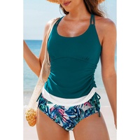 Sea Green Drawstring Tummy Control Mix-and-match 2pcs Tankini Swimsuit - 2XL thumbnail