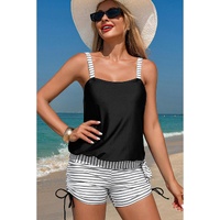 Black Striped Patchwork Side Drawstring Bottoms Tankini Set - S thumbnail