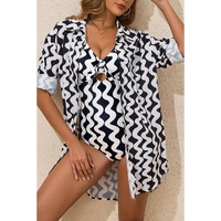 Black Stripe Print Loose Fit Open Front Beach Cover Up - M thumbnail