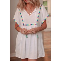 White Colorful Fringed Detail Tassel Tie Neck Short Sleeve Blouse - XL thumbnail