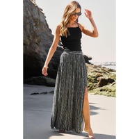 Black Printed Striped Printed Slit Wide Leg High Waist Pants - S thumbnail