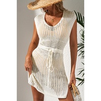 Beige Open Knit Drawstring Waist Beach Dress - M thumbnail