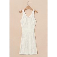 White Eyelet Crochet Sleeveless V Neck Beach Dress - S thumbnail