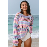 Purple Multi Stripe Open Knit Sweater Beach Cover Up - L thumbnail